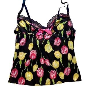 Dolce & Gabbana Floral Tulip Lace Cami Top with Bow - Black, Pink, Yellow